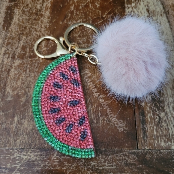 Rhinestone Watermelon Pom Pom Keychain Bag Charm - Picture 3 of 17
